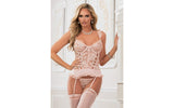 Lace up Garter Corset w Thong and Stockings 3 Pc Pink Champagne