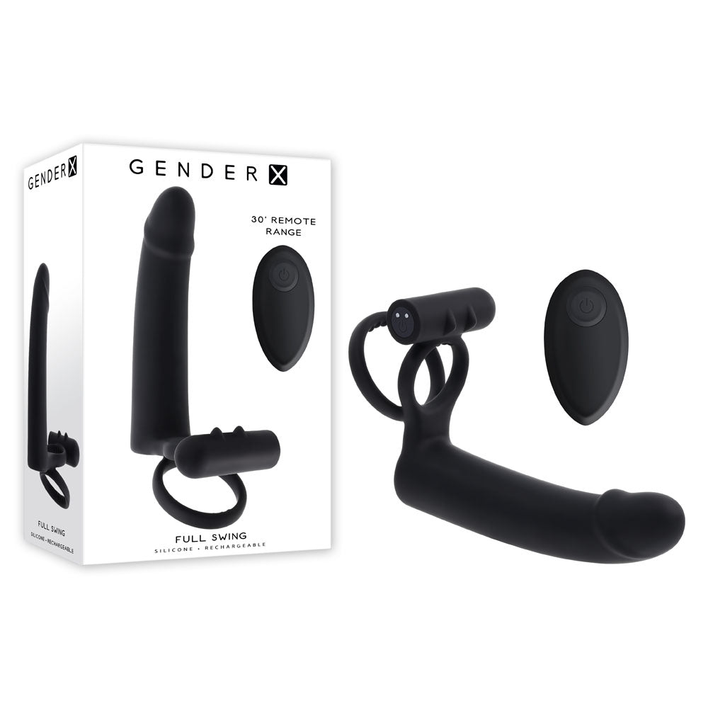 Gender X FULL SWING - Black USB Rechargeable Vibrating Cock Ring with Double Penetrator Dildo