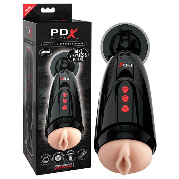Pipedream Extreme Toyz Elite Dirty Talk Starter Stroker - Flesh Vibrating Vagina Masturbator with Suction Cup & Sound Effects