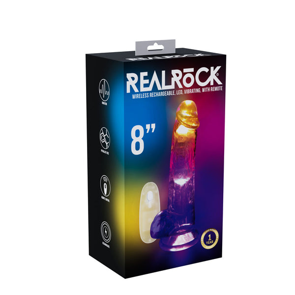 REALROCK 8'' with Balls Wireless Rechargeable LED Vibrating Dong - Clear with LED 22.5 cm USB Rechargeable Vibrating Dong with Remote