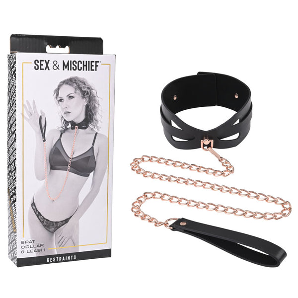 Sex & Mischief Brat Collar & Leash - Rose Gold/Black Restraint