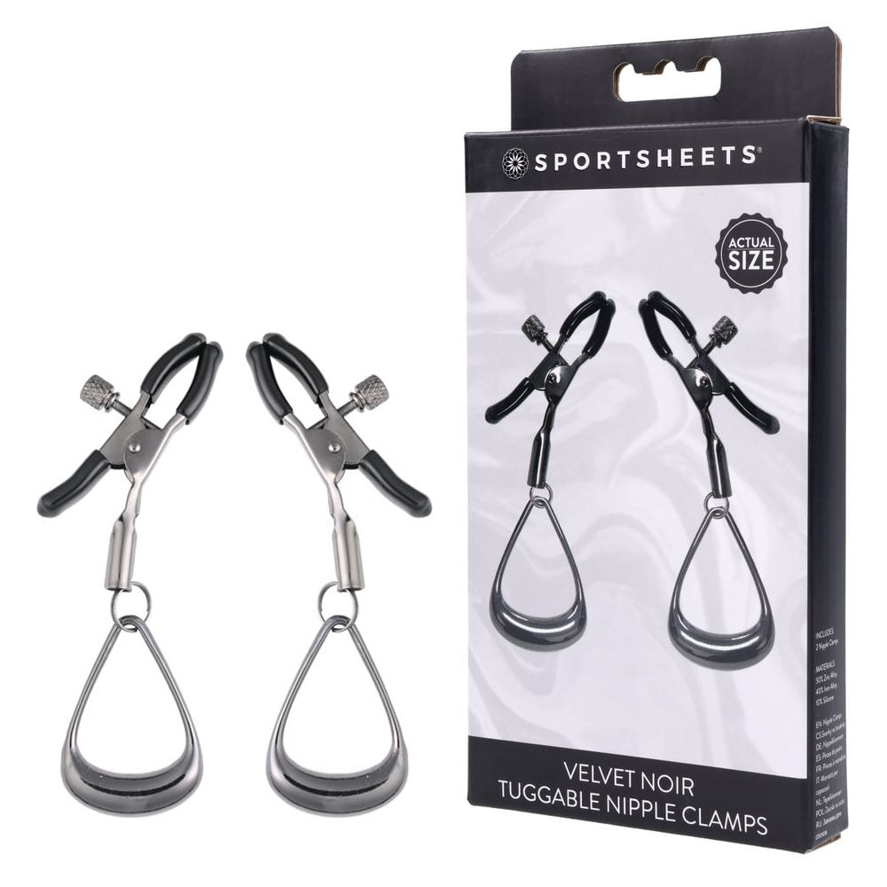 SPORTSHEETS Velvet Noir Tuggable Nipple Clamps - Gunmetal Adjustable Nipple Restraints