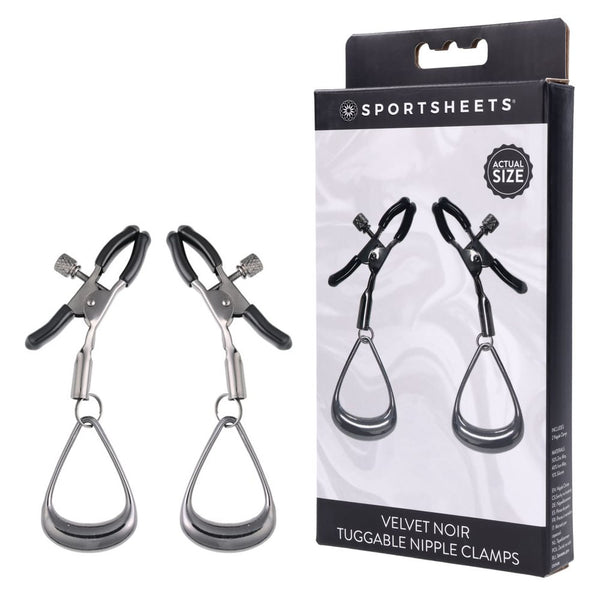 SPORTSHEETS Velvet Noir Tuggable Nipple Clamps - Gunmetal Adjustable Nipple Restraints
